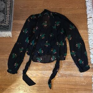 Zara black floral cropped silky blouse